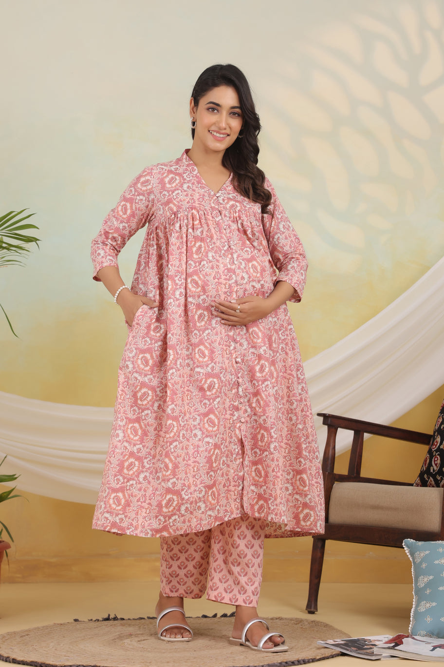 Peach Bloom Maternity & Nursing Kurta Set