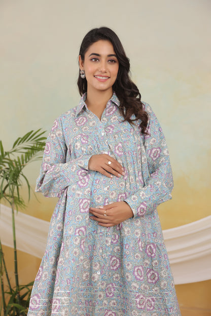 Blue Blossom Maternity & Nursing Dress