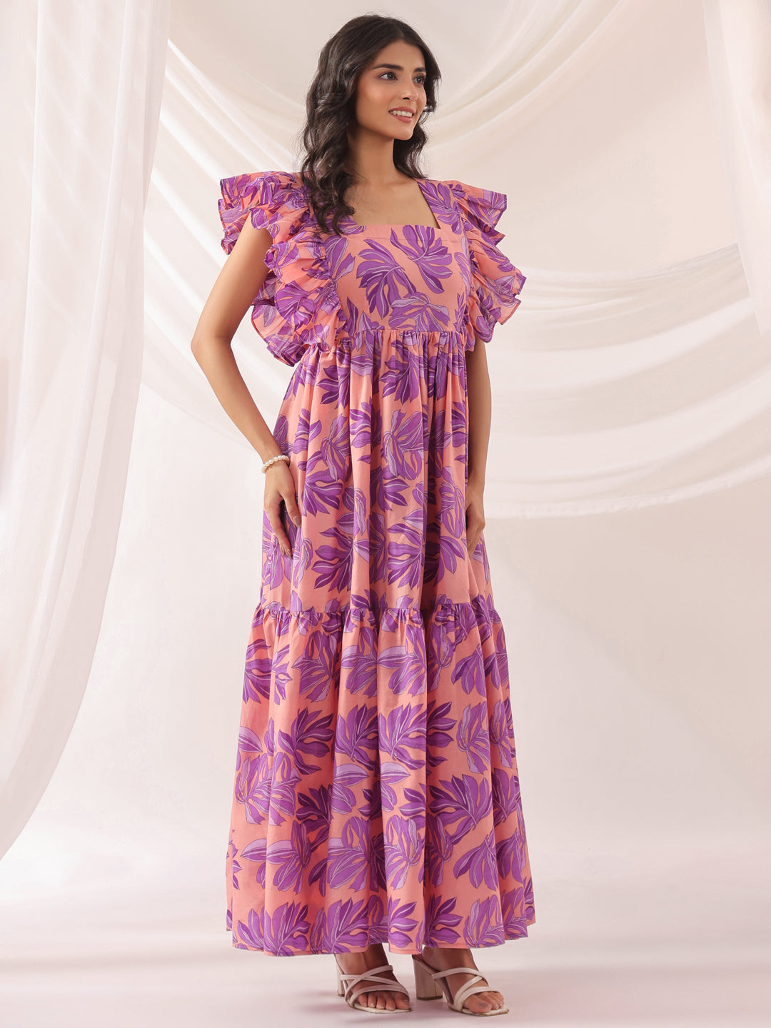 Whispering Leaves Pink Cotton Tier Dress