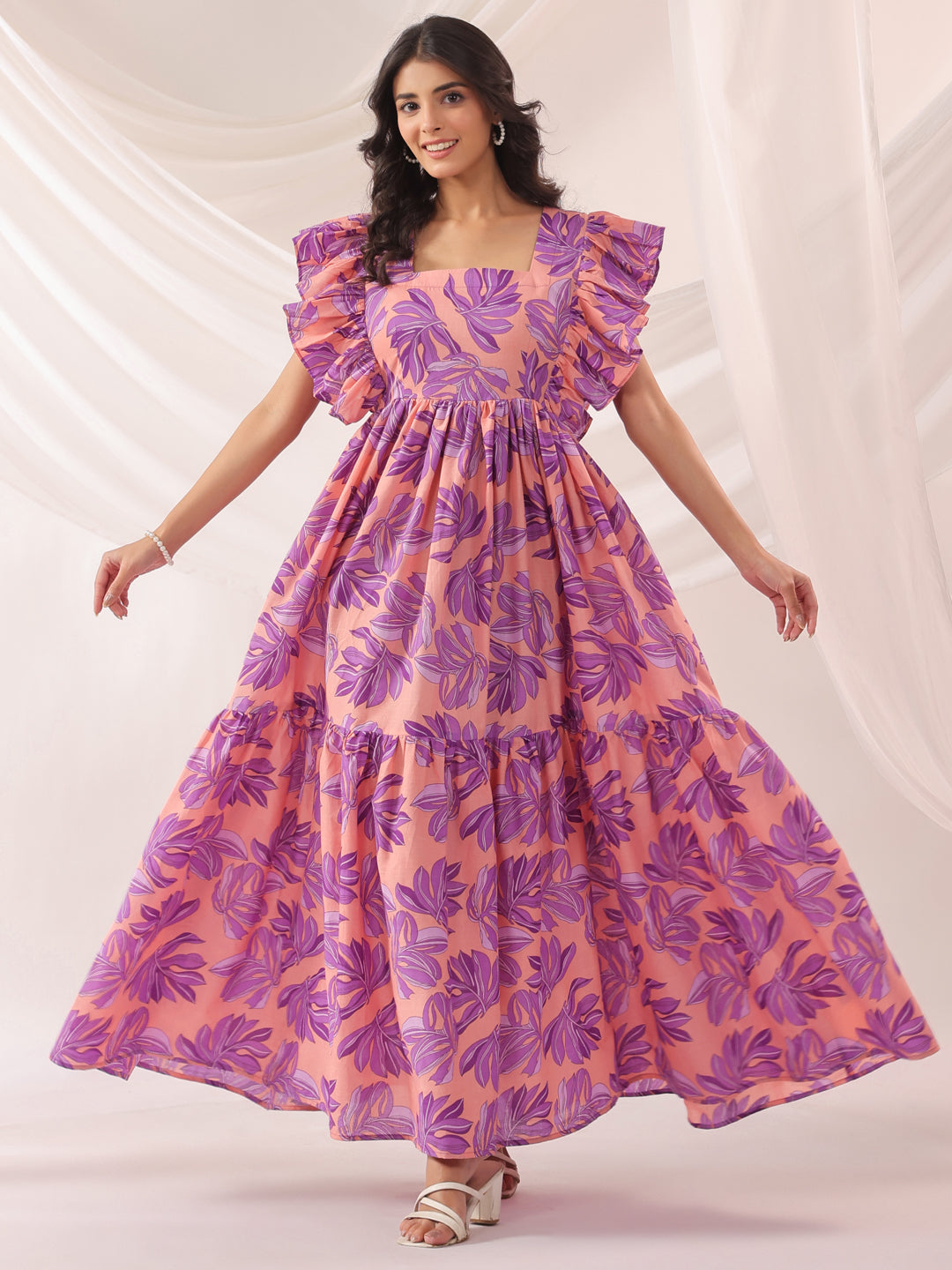 Whispering Leaves Pink Cotton Tier Dress