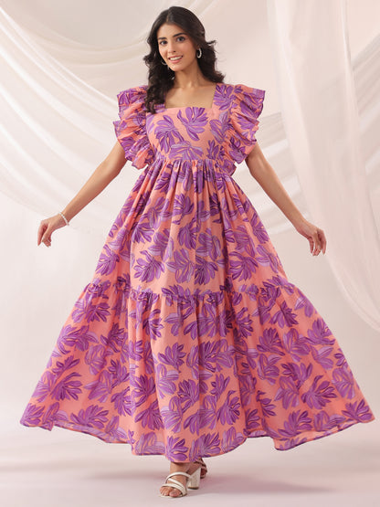 Whispering Leaves Pink Cotton Tier Dress