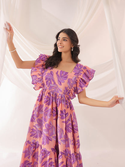 Whispering Leaves Pink Cotton Tier Dress