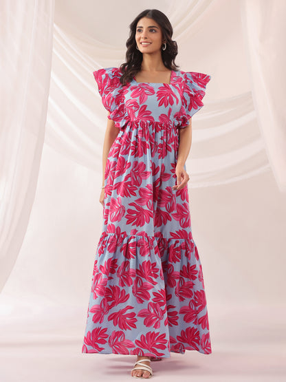 Whispering Leaves Blue Cotton Tier Dress