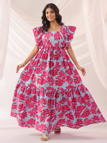 Whispering Leaves Blue Cotton Tier Dress