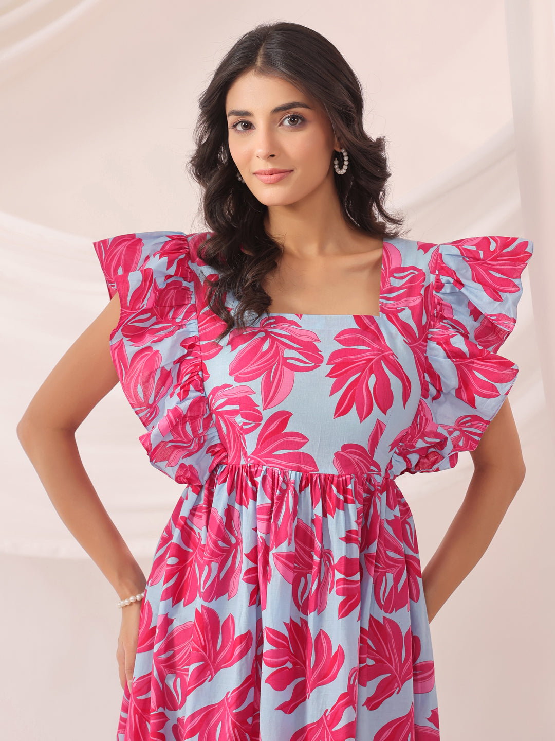 Whispering Leaves Blue Cotton Tier Dress