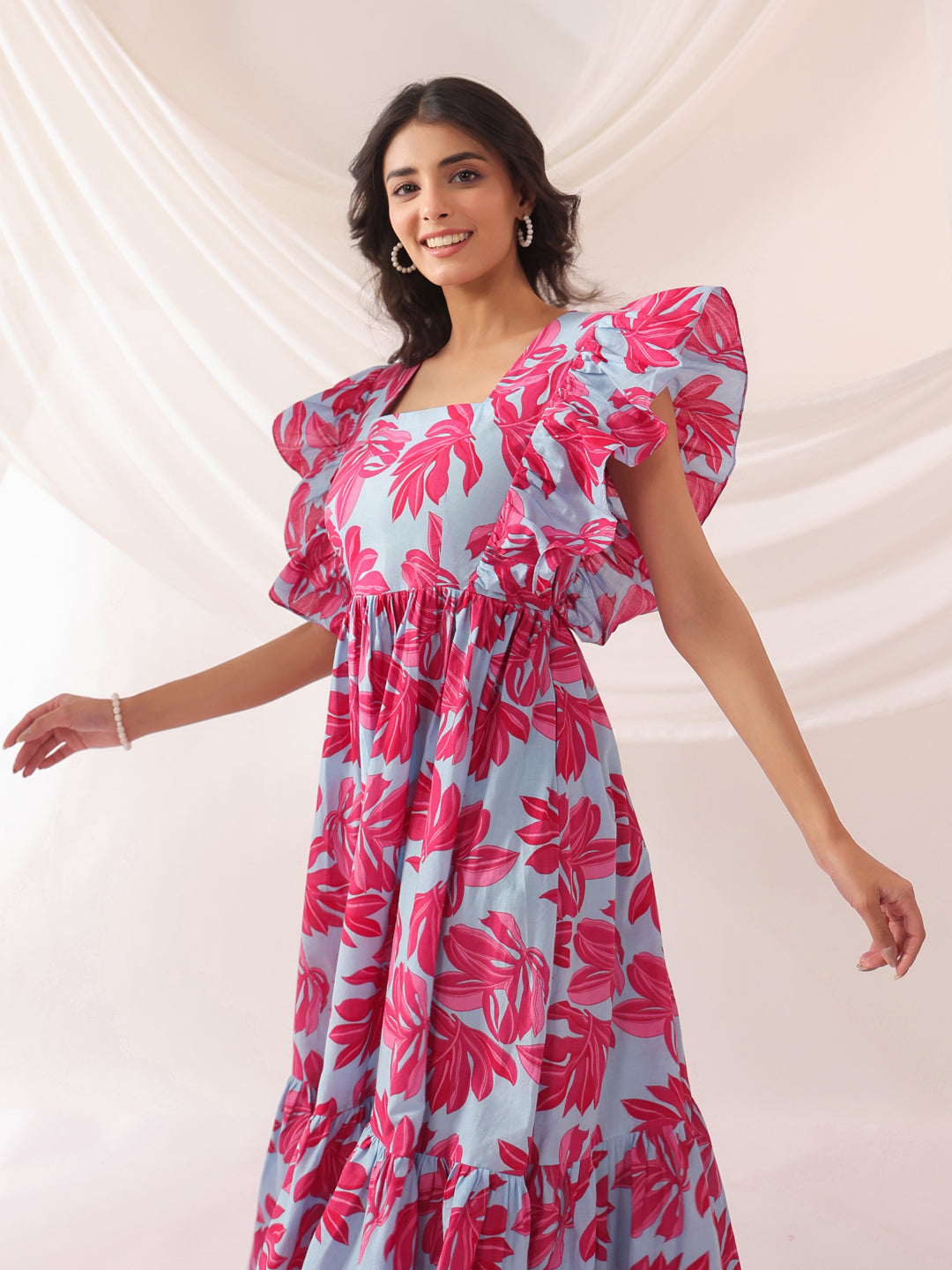 Whispering Leaves Blue Cotton Tier Dress