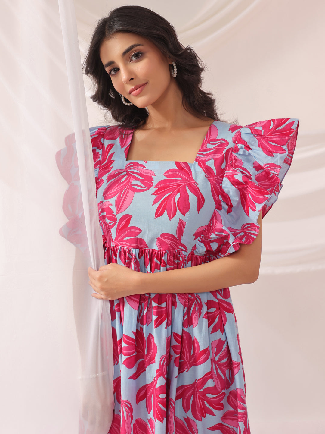 Whispering Leaves Blue Cotton Tier Dress