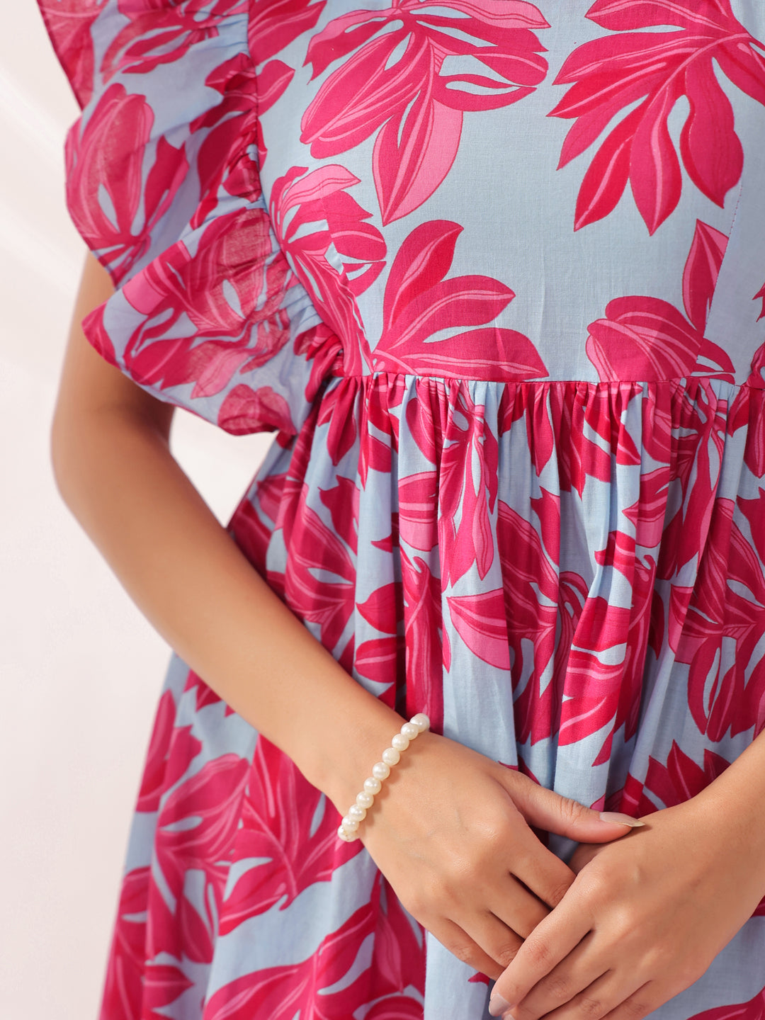 Whispering Leaves Blue Cotton Tier Dress