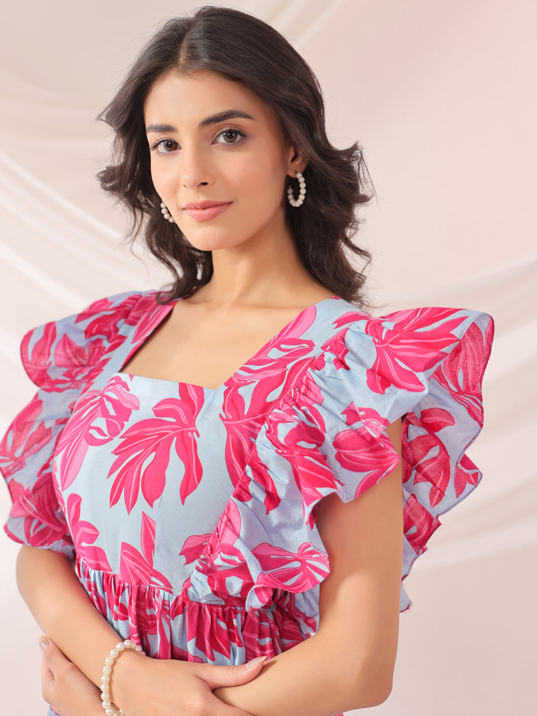 Whispering Leaves Blue Cotton Tier Dress