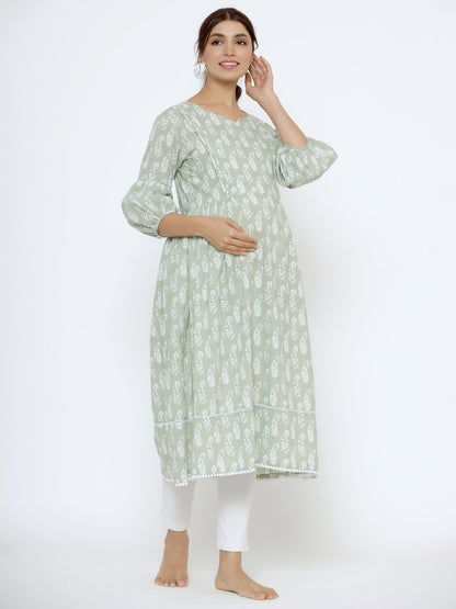 Paisley Charm On Light Green Maternity & Nursing Kurta