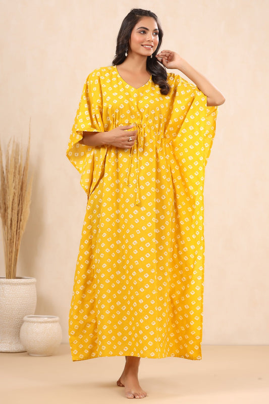 Patterned Bandhej On Yellow Cotton Kaftan