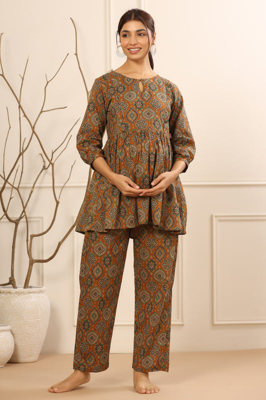 Ethnic Motifs On Mustard Maternity & Nursing Set