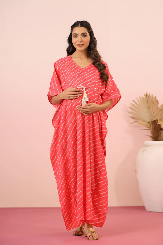 Patterned Bandhej On Pink Maternity & Nursing Kaftan