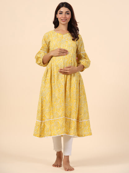 Paisley Charm On Yellow Maternity & Nursing Kurta