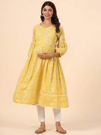 Paisley Charm On Yellow Maternity & Nursing Kurta