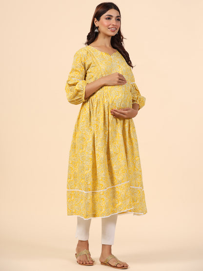 Paisley Charm On Yellow Maternity & Nursing Kurta