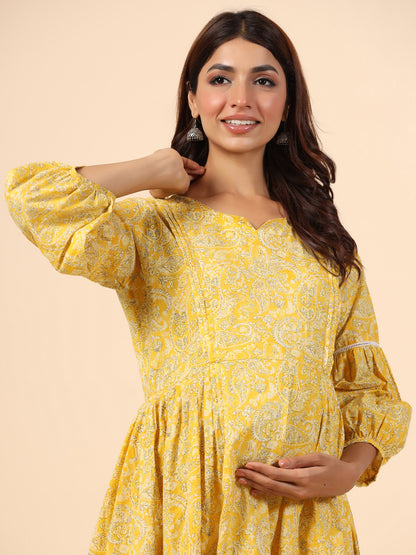 Paisley Charm On Yellow Maternity & Nursing Kurta