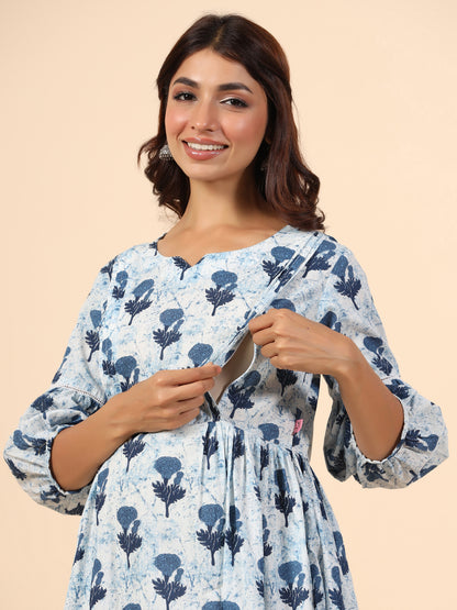 Serene Sky Rose Maternity & Nursing Kurta