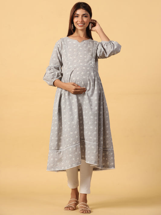 Dusk Bloom Grey Maternity & Nursing Kurta
