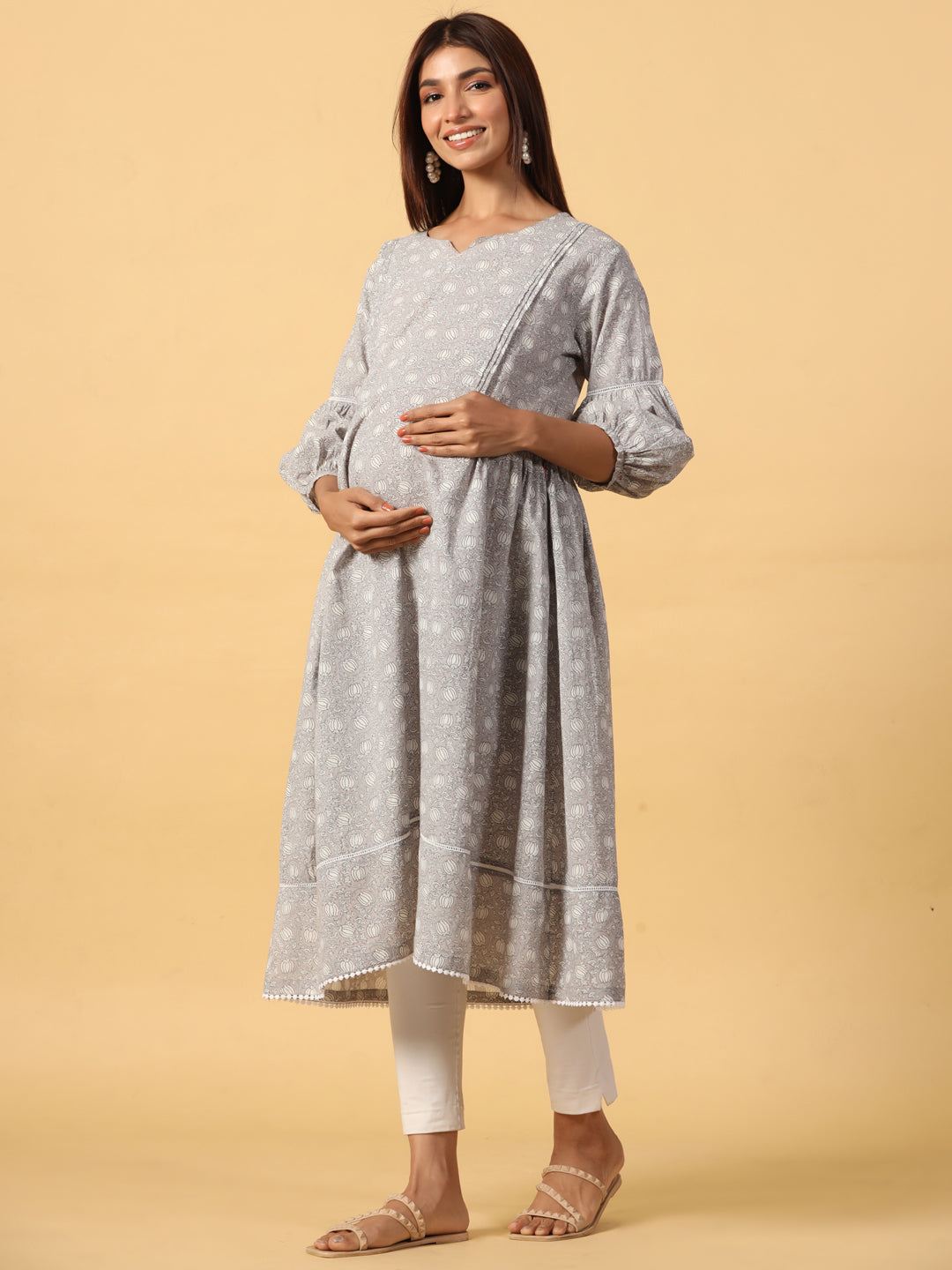 Dusk Bloom Grey Maternity & Nursing Kurta