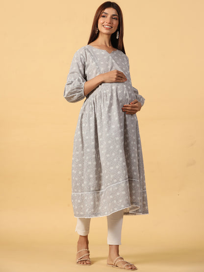 Dusk Bloom Grey Maternity & Nursing Kurta