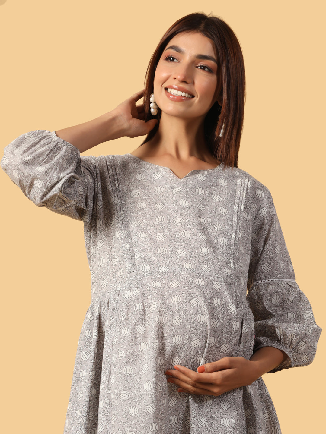 Dusk Bloom Grey Maternity & Nursing Kurta
