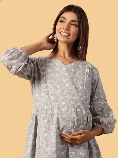 Dusk Bloom Grey Maternity & Nursing Kurta