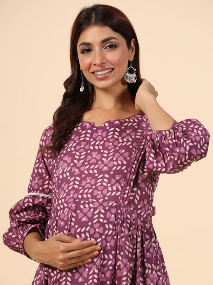 Leafy Embrace Burgundy Maternity & Nursing Kurta