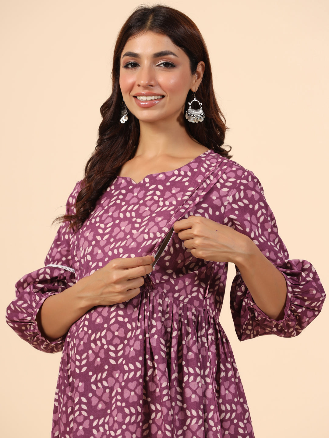 Leafy Embrace Burgundy Maternity & Nursing Kurta