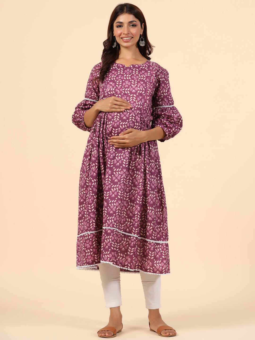 Leafy Embrace Burgundy Maternity & Nursing Kurta