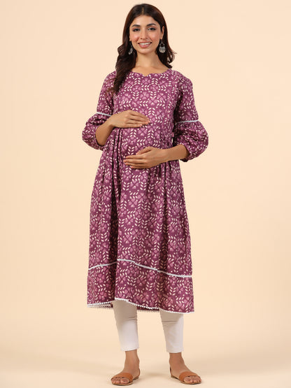 Leafy Embrace Burgundy Maternity & Nursing Kurta