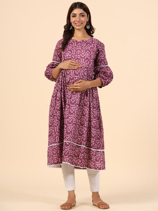 Leafy Embrace Burgundy Maternity & Nursing Kurta
