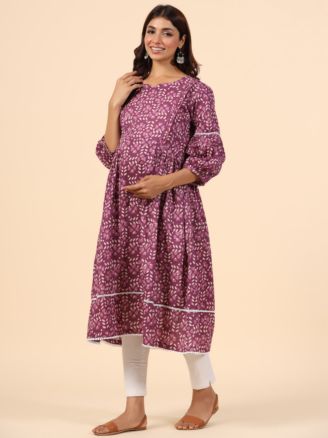 Leafy Embrace Burgundy Maternity & Nursing Kurta