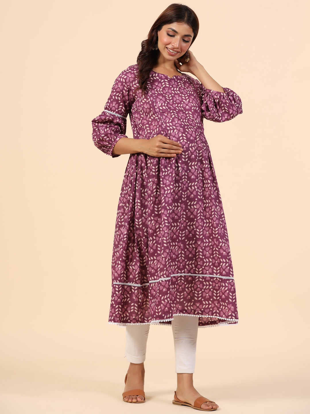 Leafy Embrace Burgundy Maternity & Nursing Kurta