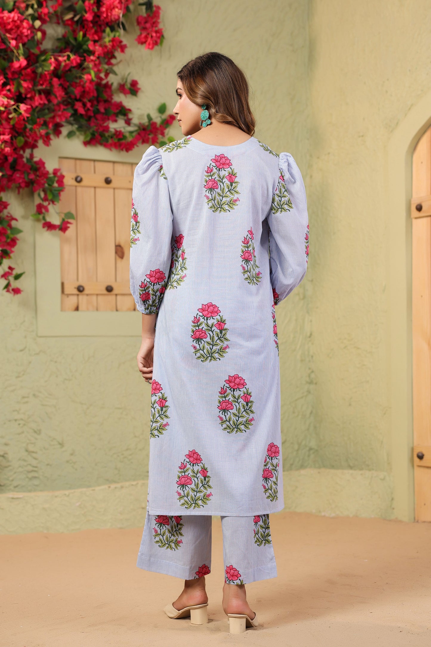 Summer Bloom on White Blue Stripes Cotton Co-ord Set