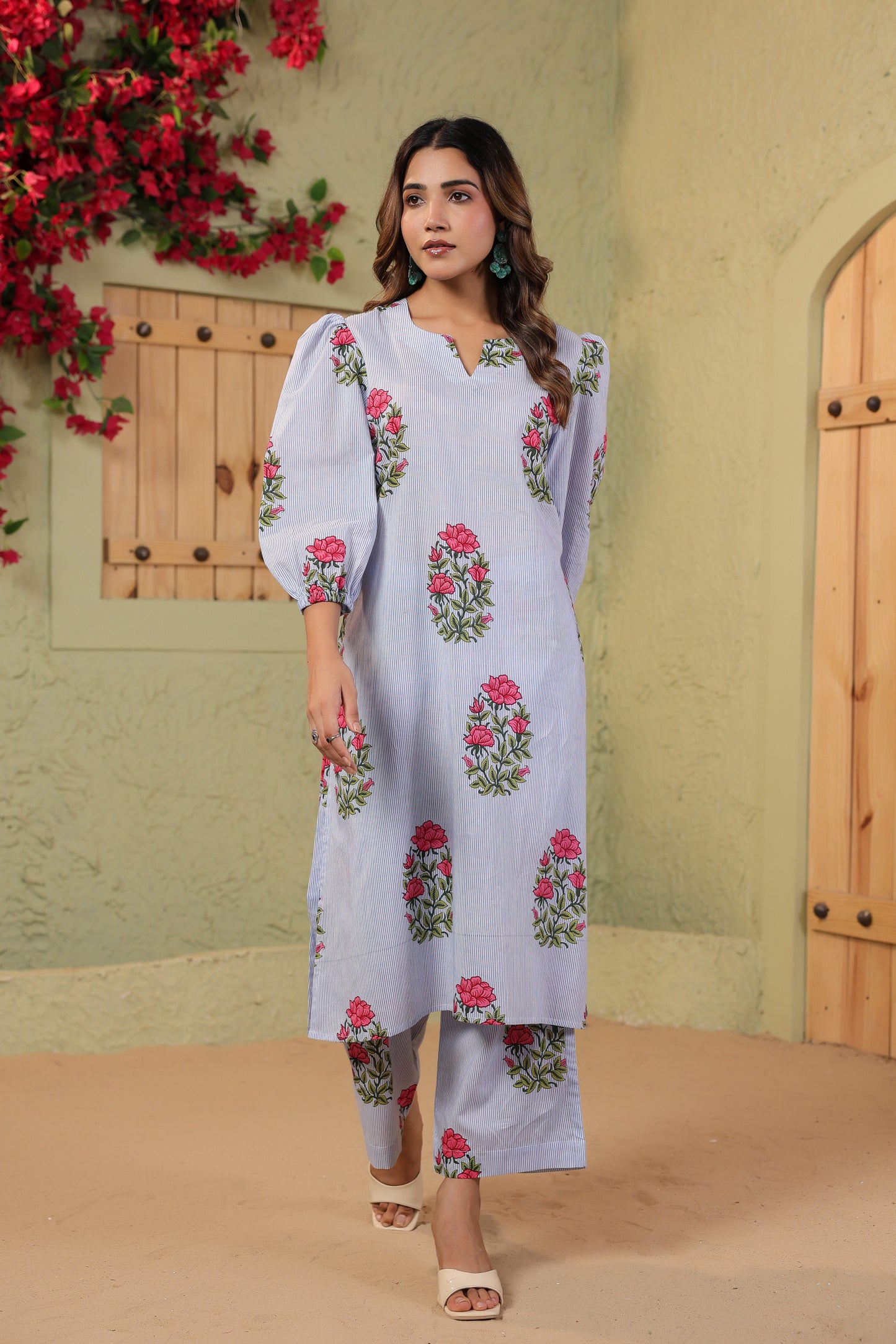 Summer Bloom on White Blue Stripes Cotton Co-ord Set