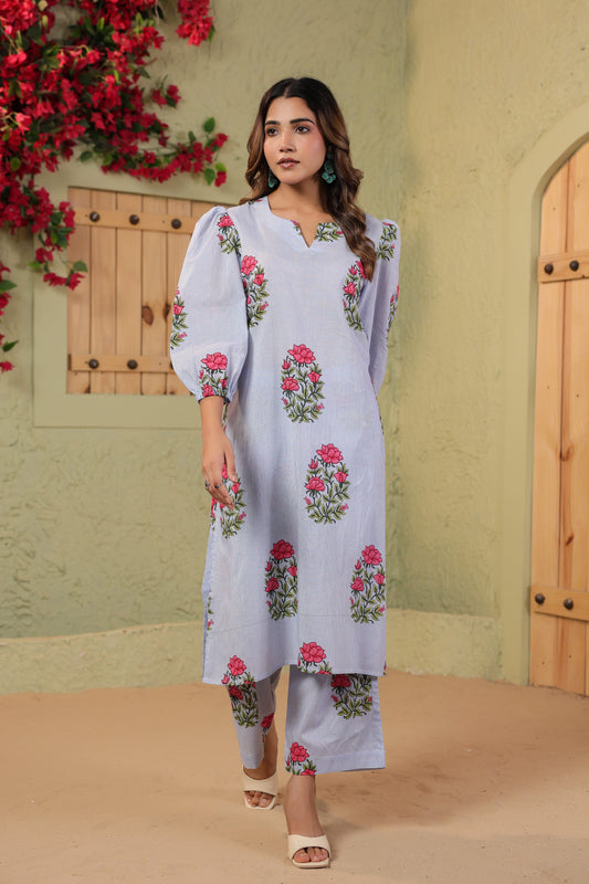 Summer Bloom on White Blue Stripes Cotton Co-ord Set