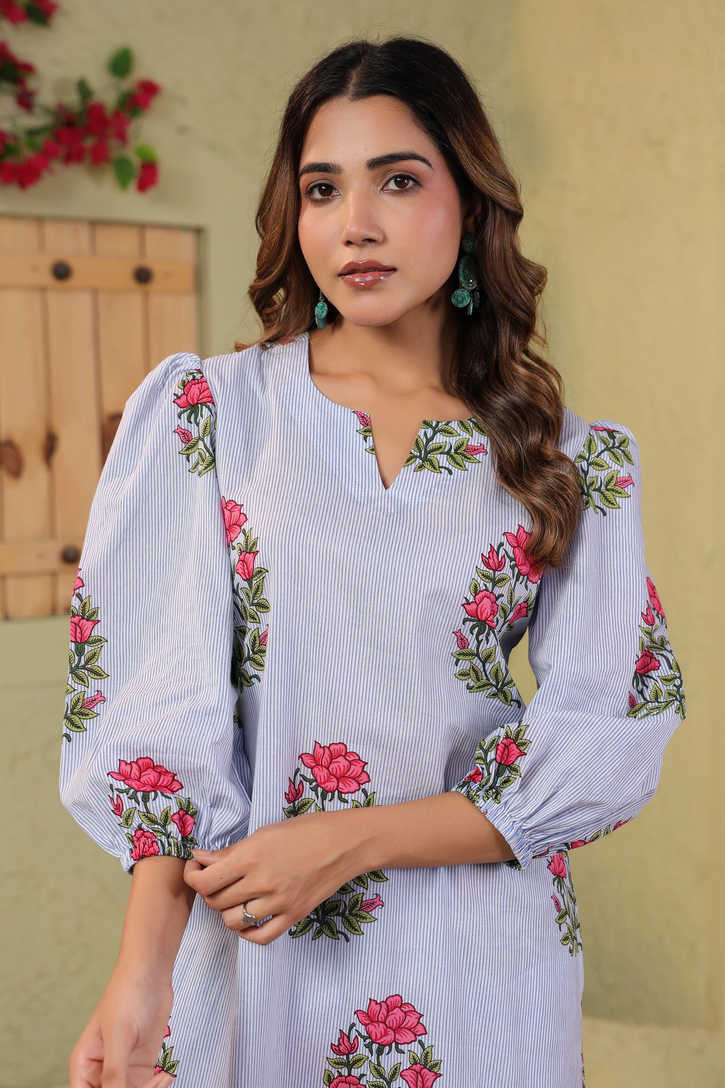 Summer Bloom on White Blue Stripes Cotton Co-ord Set