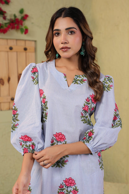 Summer Bloom on White Blue Stripes Cotton Co-ord Set