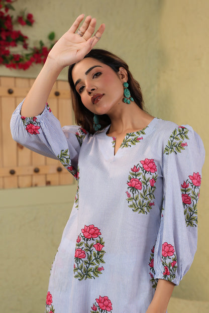 Summer Bloom on White Blue Stripes Cotton Co-ord Set