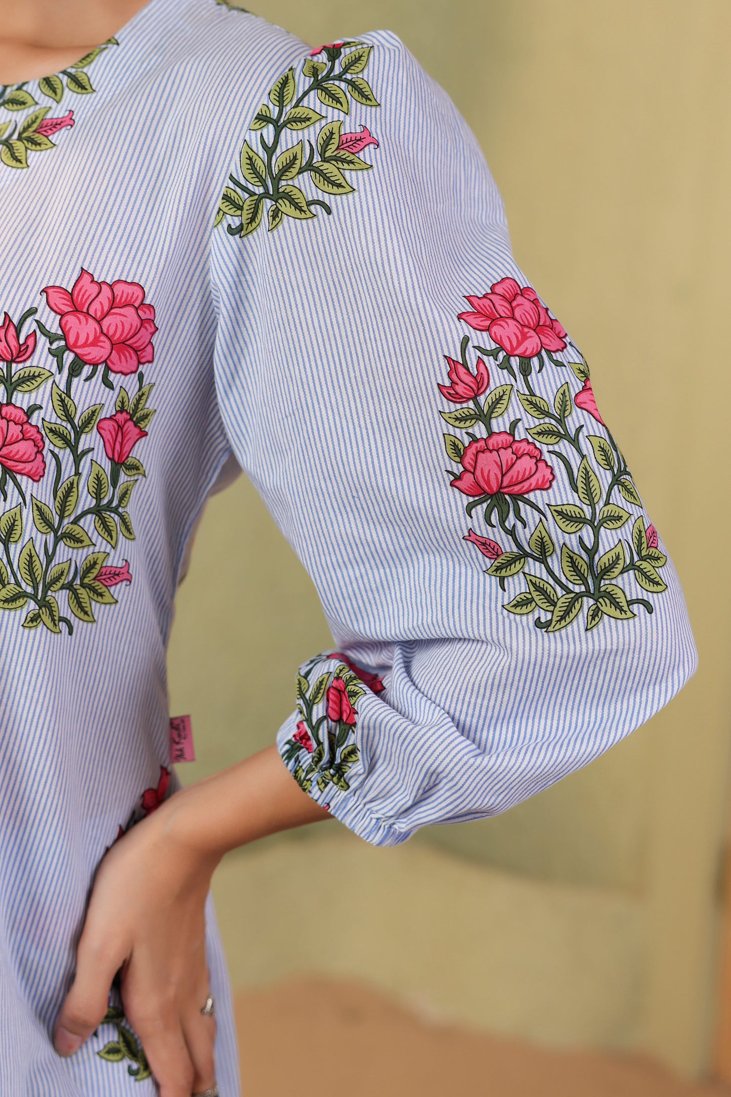 Summer Bloom on White Blue Stripes Cotton Co-ord Set