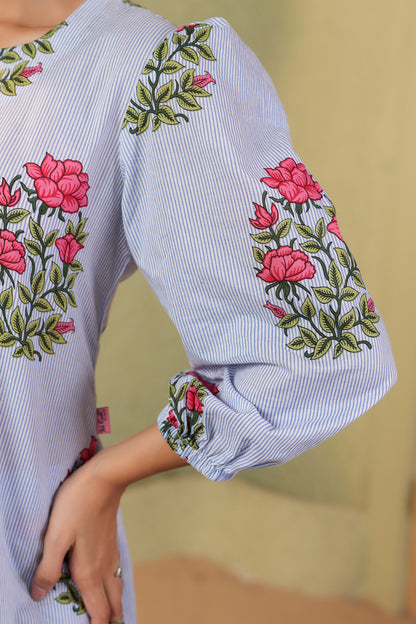 Summer Bloom on White Blue Stripes Cotton Co-ord Set