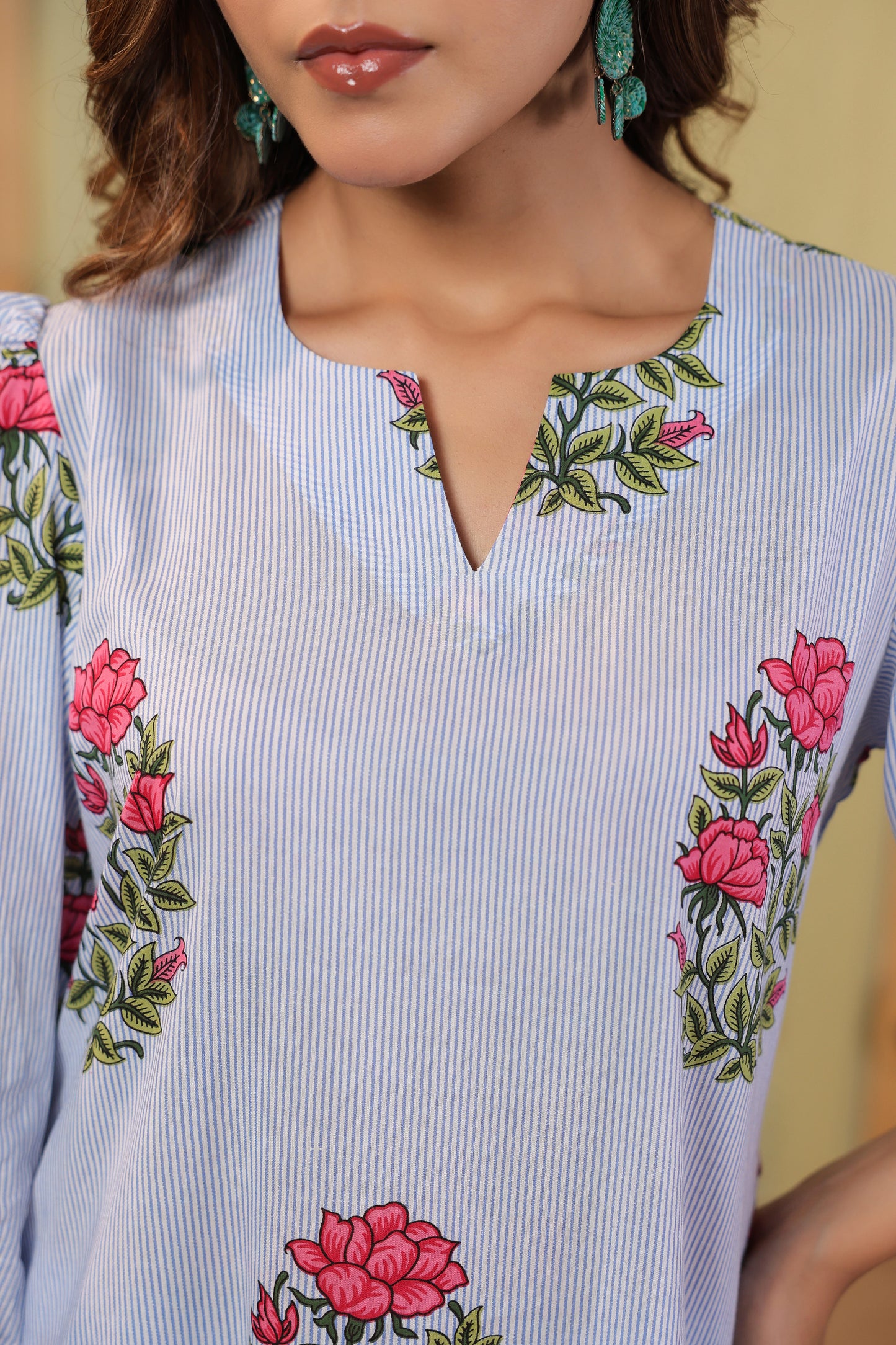 Summer Bloom on White Blue Stripes Cotton Co-ord Set