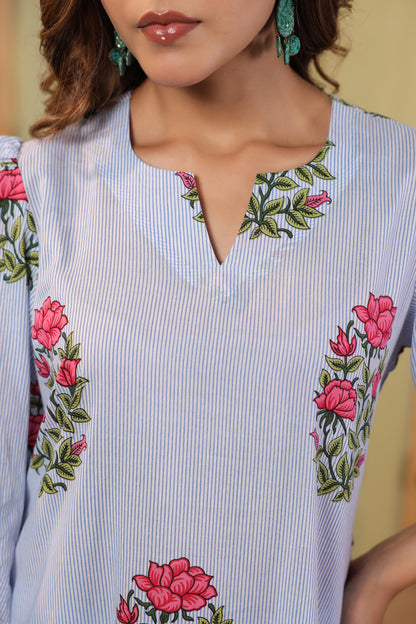 Summer Bloom on White Blue Stripes Cotton Co-ord Set