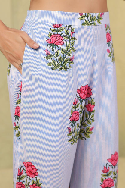 Summer Bloom on White Blue Stripes Cotton Co-ord Set
