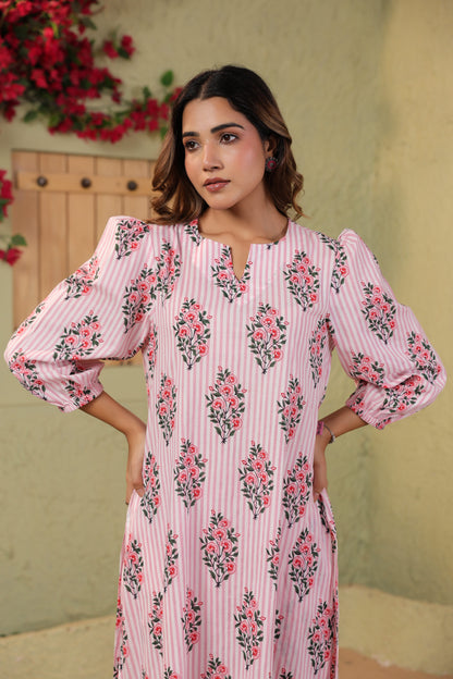 Summer Bloom on White Pink Stripes Cotton Co-ord Set