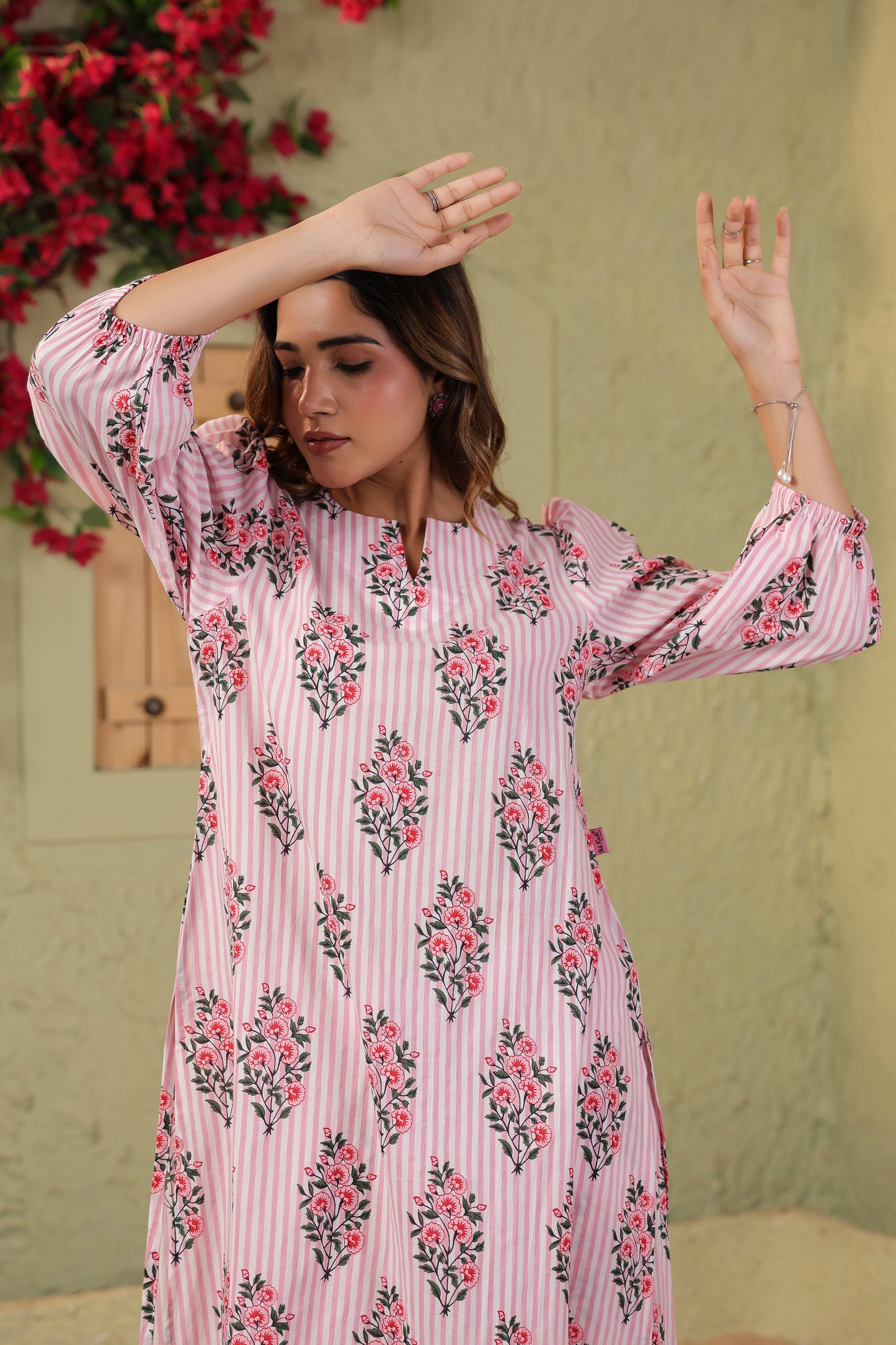 Summer Bloom on White Pink Stripes Cotton Co-ord Set