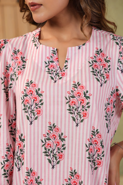 Summer Bloom on White Pink Stripes Cotton Co-ord Set