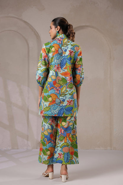 Blue Bloom Collared Cotton Co-ord Set