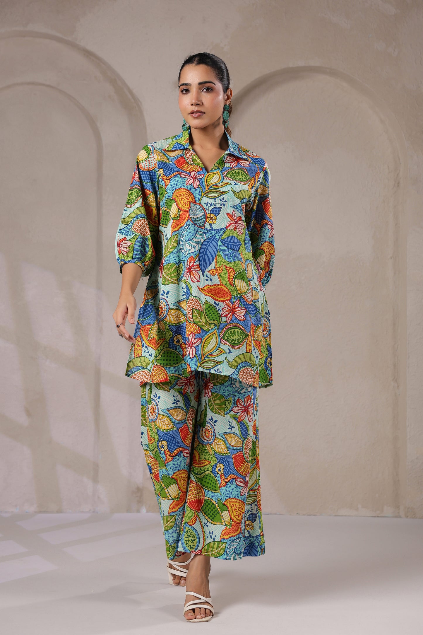 Blue Bloom Collared Cotton Co-ord Set